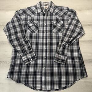 Ely Cattleman Pearl Snap Western Shirt XLT Tall Plaid Black White Cowboy Rodeo